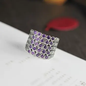 

Genuine Solid 925 Silver Women Ring Garnet Amethyst CitrineWide Rings Multi Natural Stone Elegant Fine Jewelry Anillo Mujer