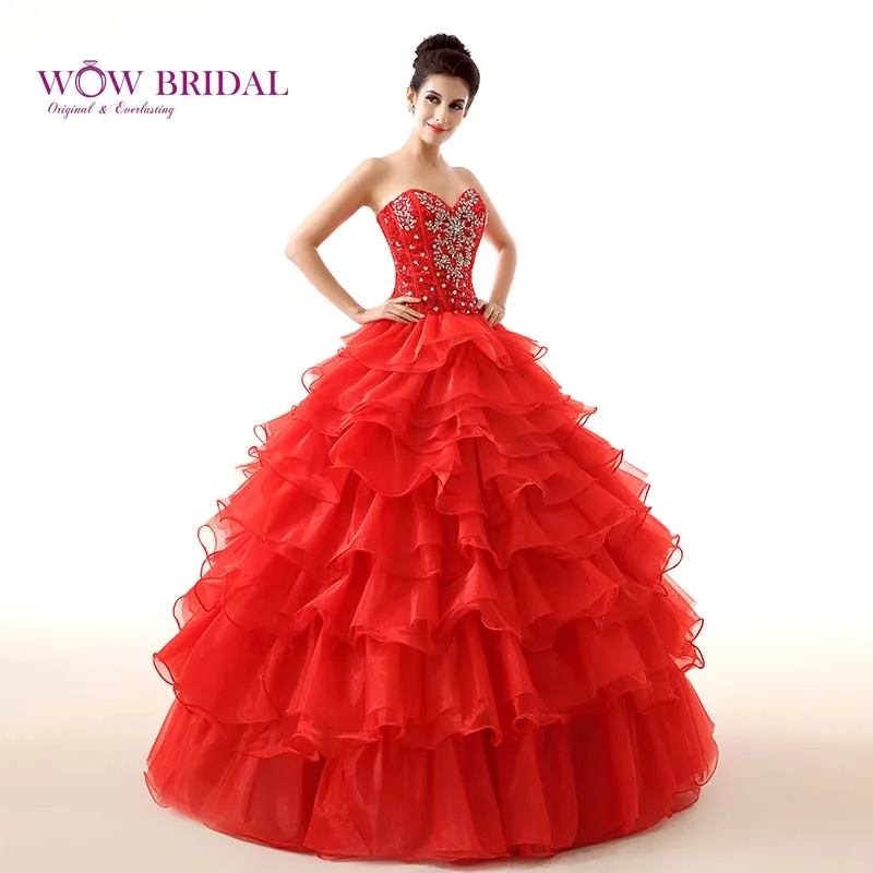 Wowbridal Элегантный Quinceanera Платье Милая С Плеча Кристалл Блестки Бисера Органзы Многоуровневое Раффлед Бальное платье - Цвет: Красный