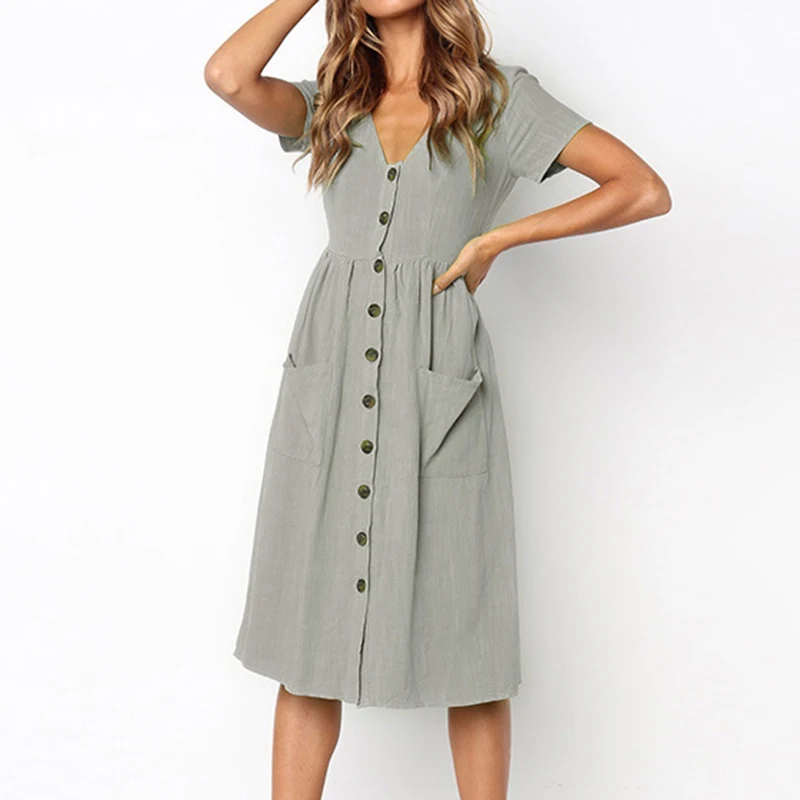 Women's Sexy Summer Dresses 2019 Boho Short Sleeve Button Solid Midi Dress Sundress With Pockets Lady Beach Party Dress Vestidos