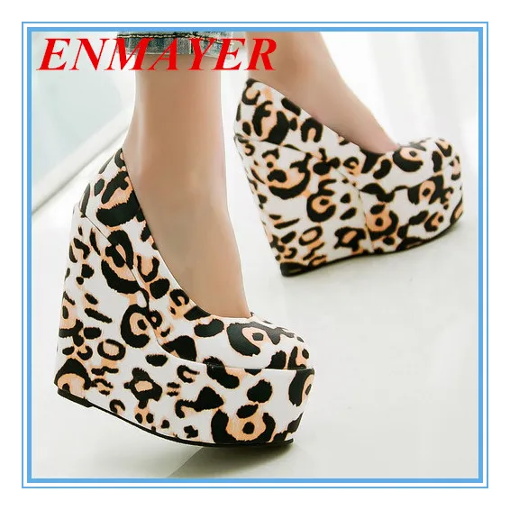 ENMAYES Large size:34-43 fashion leopard women Pumps Wedges high heels Platform grade PU party Wedding shoes pumps |