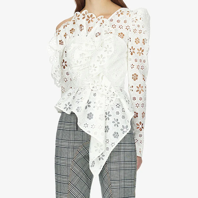 

2019 summer fashion white , blue womens tops and blouses high quality hollow out sexy Irregular design blusas woman Shirt