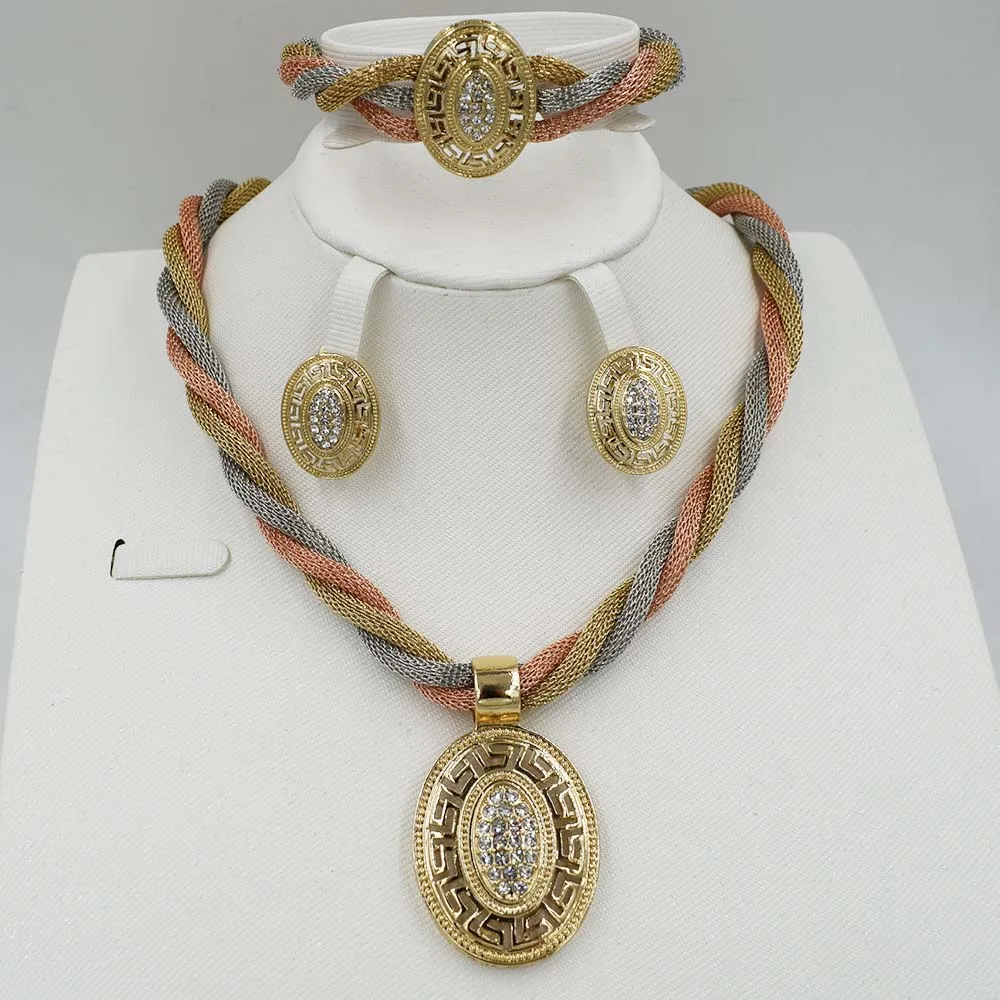 

New High Quality Dubai gold big Jewelry Set 3 tones Gold color Nigerian Wedding African Jewelry Sets Parure Bijoux Femme