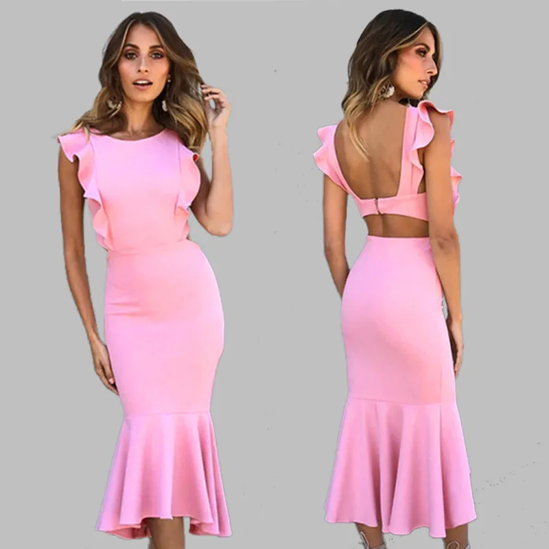 

2019 Summer Sexy Backless Women dress Ruffles Sleeveless Hollow out Mermaid Pink Party dresses Solid Slim Bodycon dress Vestidos