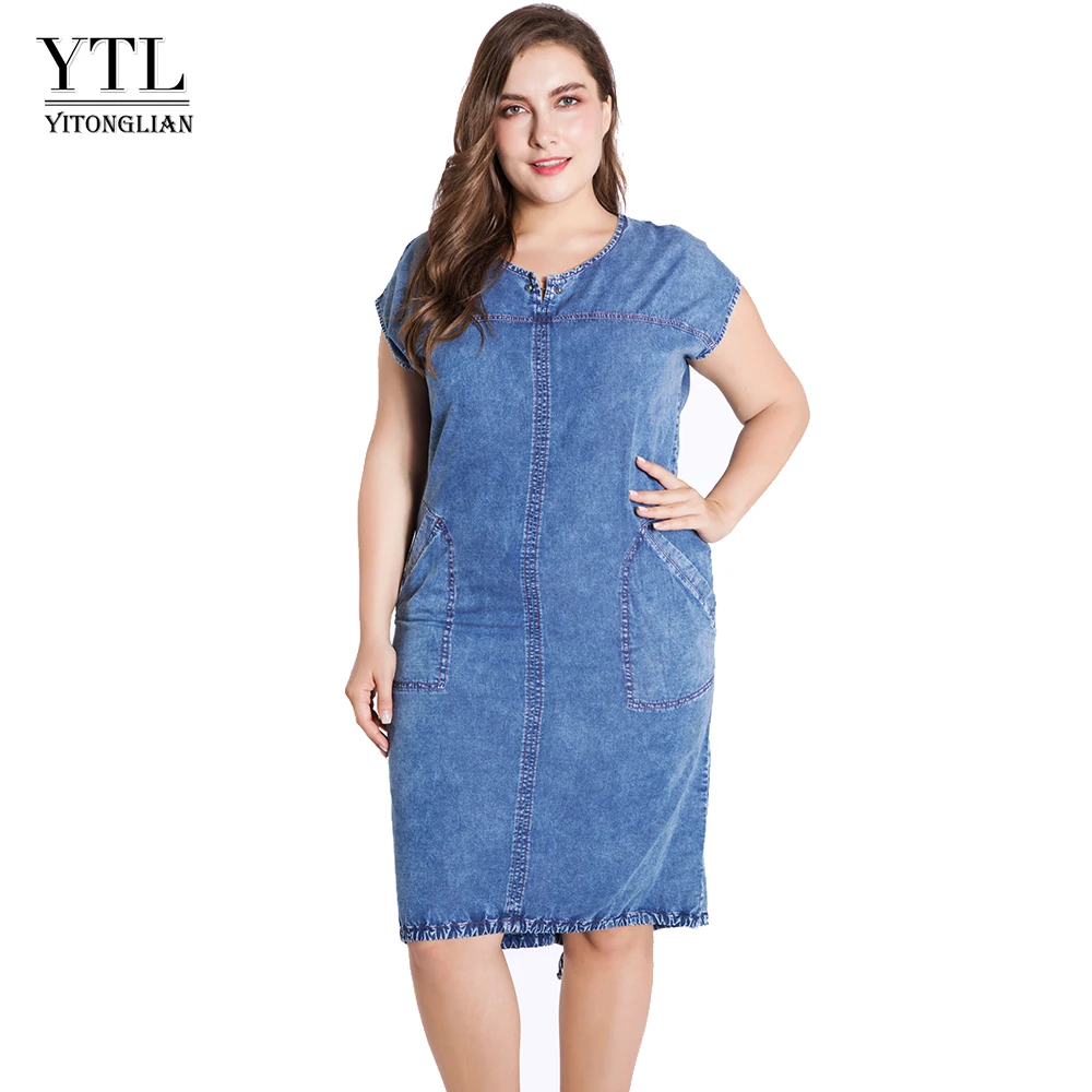 YTL летнее женское джинсовое платье размера плюс, женская одежда, элегантные вечерние платья с круглым вырезом и карманами, 4xl 5xl 6xl 7xl, тонкое платье Z25