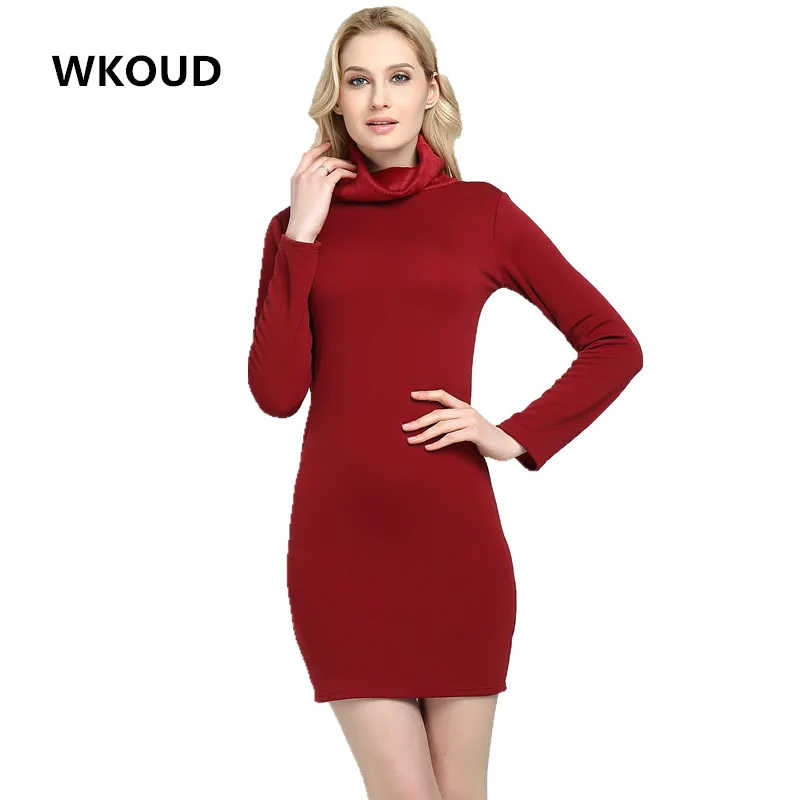 

WKOUD Warm Fleeces Female Dress Fashion Solid Turtleneck Mini Dresses Casual Wear Plus Size K8008
