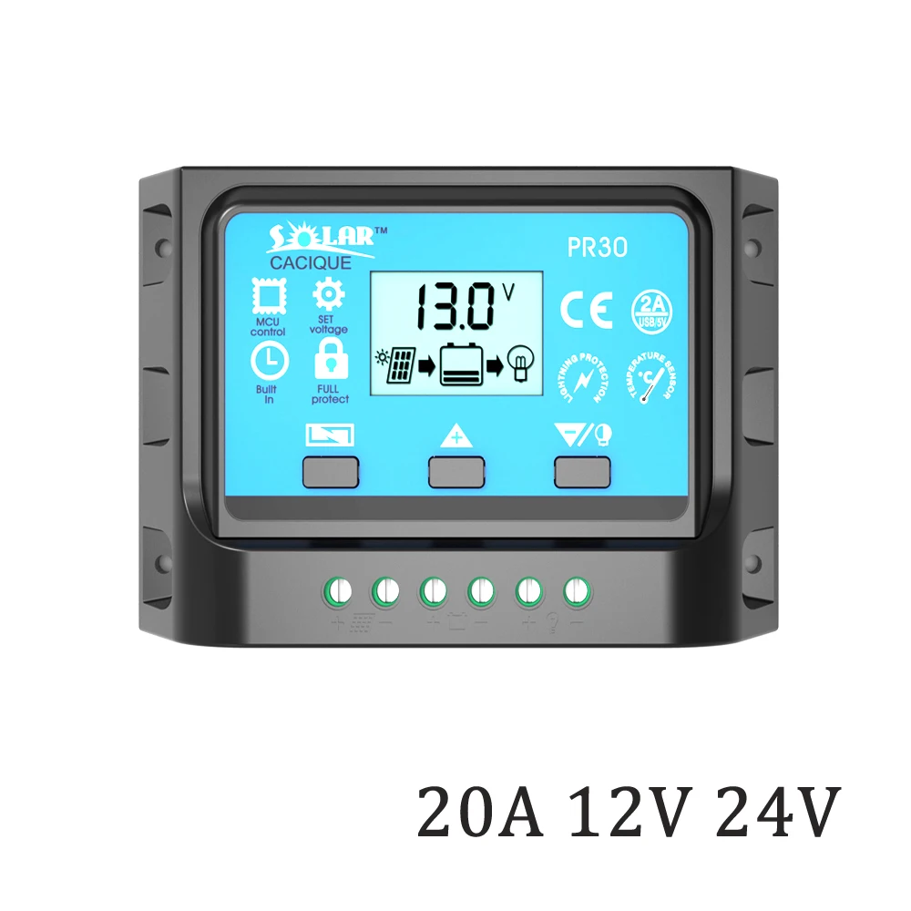 

LCD Backlight 20A 12V/24V Solar Panel Charger Battery PR30 Solar Panel Battery Controller with TWO USB 5V