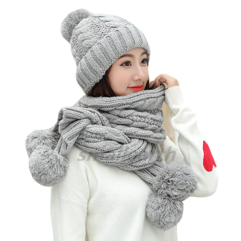 Комплект из 2 предметов, новая зимняя шапка с помпоном и шарф, набор для женщин и девочек, хлопковые теплые шапки, женские зимние повседневные однотонные вязаные шапки - Цвет: gray