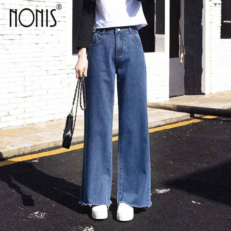 Nonis женщины эластичный пояс широкие брюки повседневные джинсы женские свободные прямые джинсовые брюки женские брюки модные полная длина