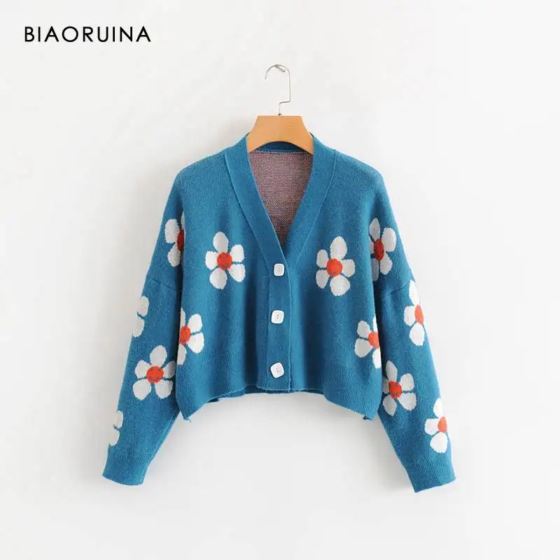 BIAORUINA, женский корейский стиль, цветочный принт, v-образный вырез, вязаный кардиган, Женский Повседневный свитер, больше размера d, подходит ко всему, один размер - Цвет: Синий
