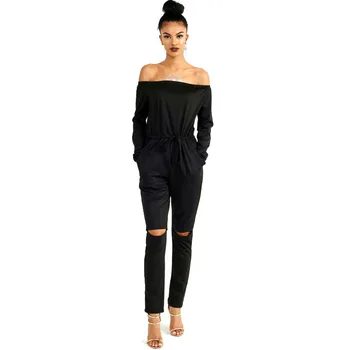 

2018 Autumn Women Off Shoulder Clubwear Playsuit Jumpsuit Romper Skinny Sexy Jumpsuits Female Black Long Trouser With Belt