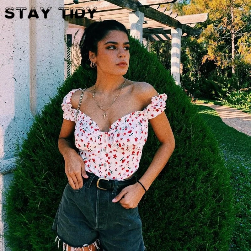 

STAY TIDY Casual Button Flower Print Ruffles Crop Tops 2019 Summer Women Short Sleeve V Collar Slim T Shirt Fashion Streetwear
