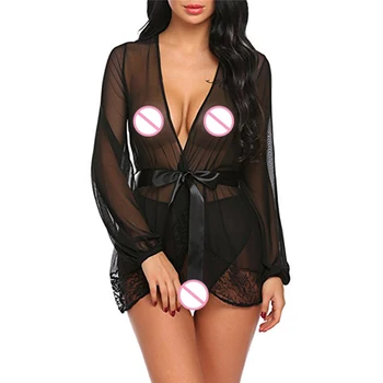 

Sexy Lingerie Underwear Set Kimono Bandage Women Erotic Sets Babydoll Sleepwear Short Nightwear Women Chiffon Robes+ Thongs Set