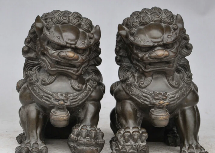 

S2921 Chinese Pure Bronze Folk Temple FengShui Fu Dog Lion Head Ball Statue Pair D0318