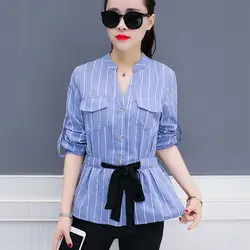 Кружевная полосатая блузка с бантом 2018 модная Корейская женская одежда blusa тонкая талия с v-образным вырезом Женские топы элегантные