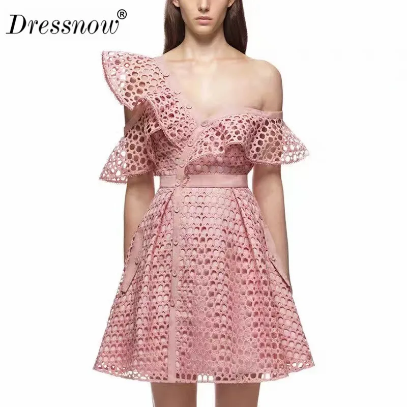 

High Quality Pink Women Dress Ruffles Sleeve Off Shoulder Ladies Mini Dress Summer Hollow Out Sexy V Neck Novelty Button
