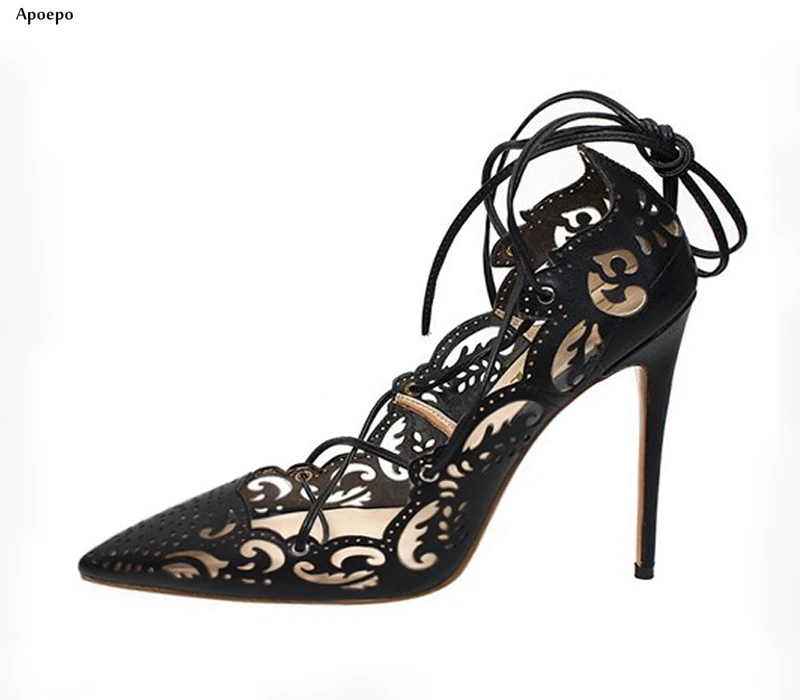 

New Newest Cutouts Laser High Heel Shoes Sexy Pointed Toe Black Leather Lace-up Woman Pumps Thin Heels Dress Shoes White Gold