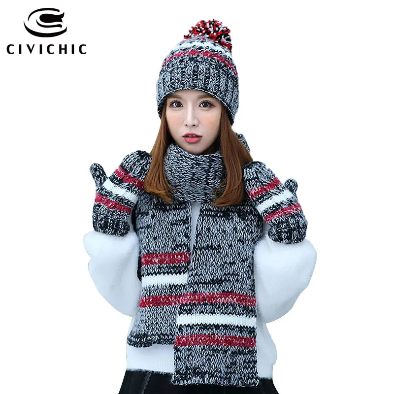 

CIVICHIC Warm Gift Winter Knit Hat Scarf Gloves 3 Pcs Woman Chic Pompon Beanies Stripes Shawl Velvet Mittens Color Mix Cap SH187
