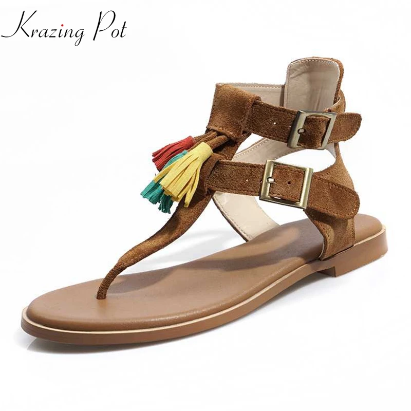 

Krazing Pot 2019 cow suede colorful fringe buckle straps peep toe superstar gladiator low heels art design leisure sandals l21