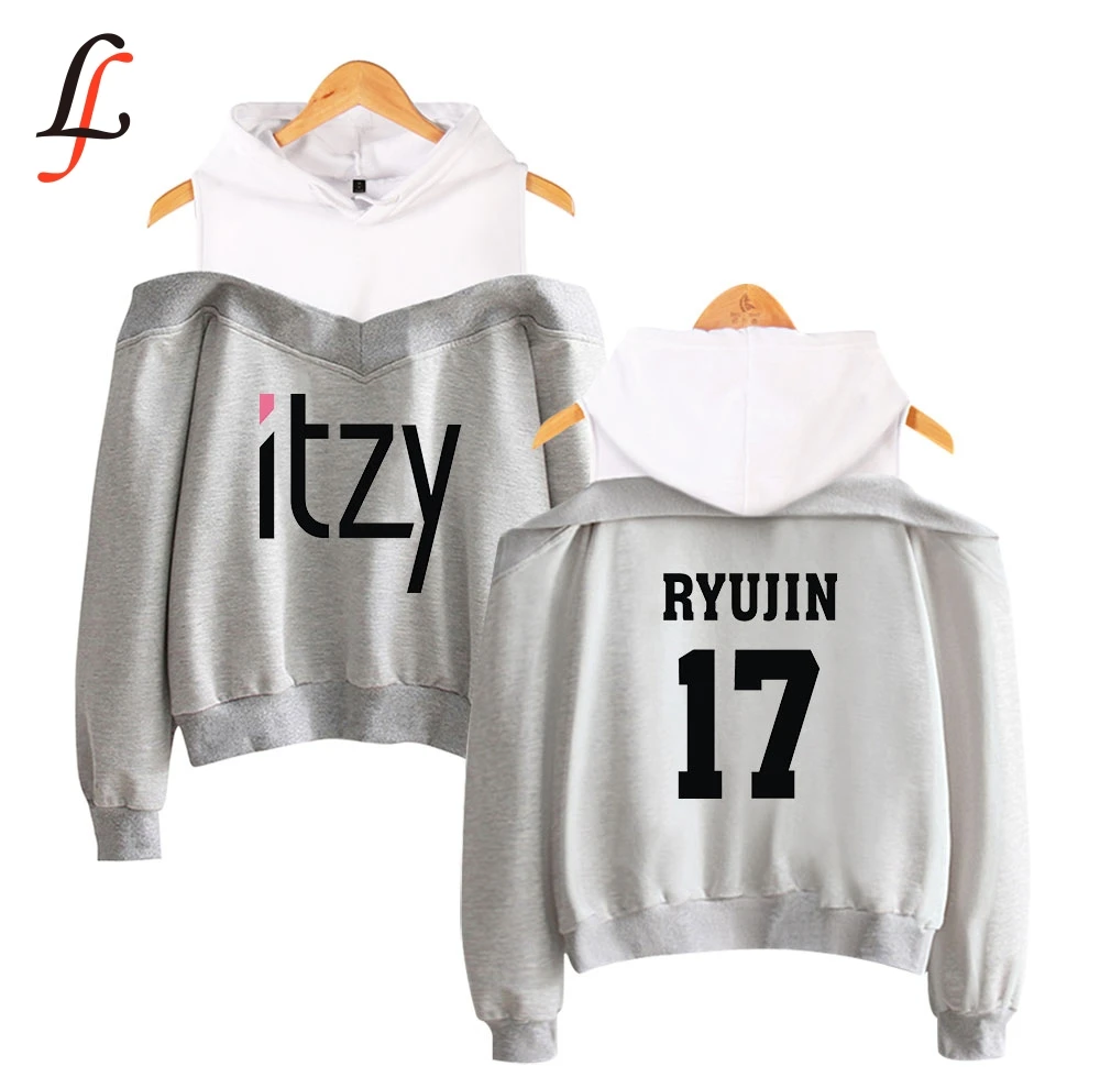 Lecky الكتف هوديس حبال البلوز النساء Itzy طباعة المتناثرة طباعة البلوز Kpop قمم عارضة الشارع الشهير رياضية