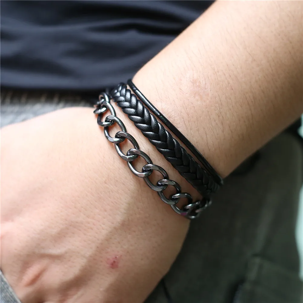 

Braided Wrap Handmade Punk Hiphop Black Vintage Link Chain Leather Men Bracelets for Women Femme Homme Male Jewelry 2019 Gift