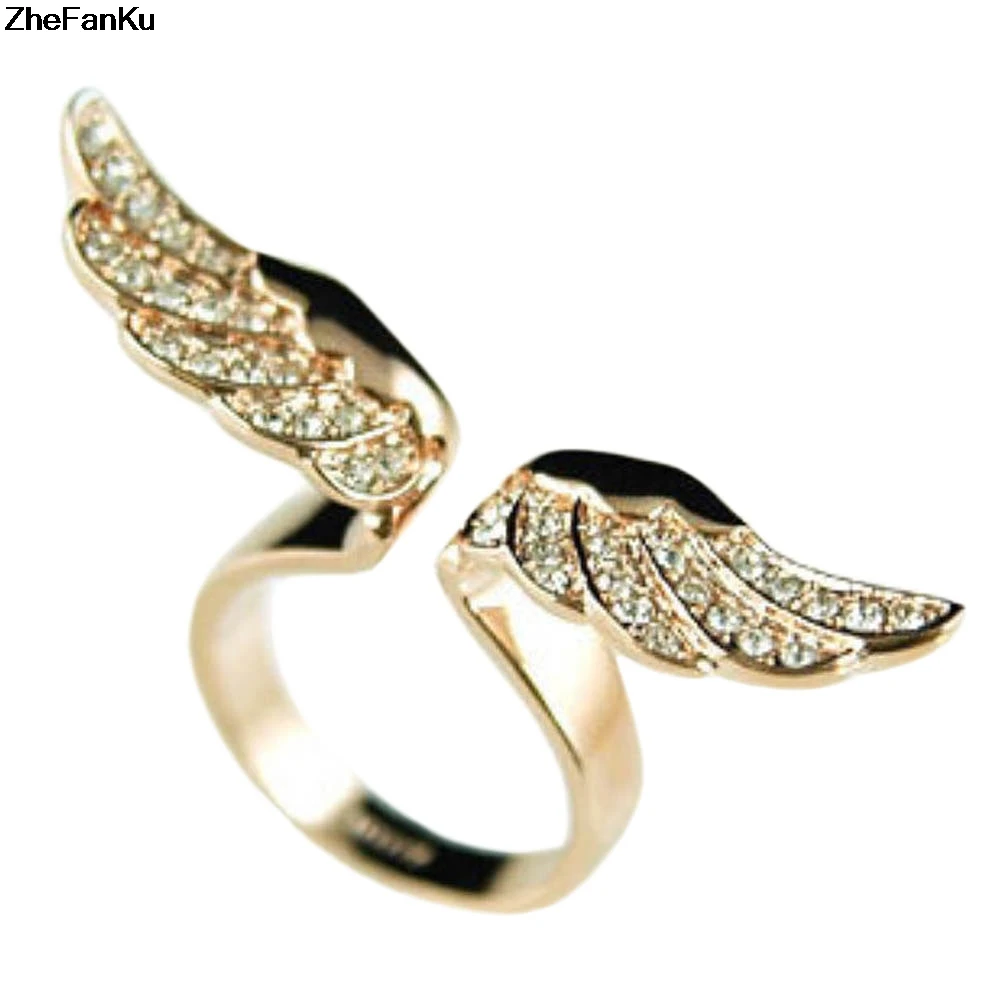 Adjustable angel wings ring Micro pave zircon gold color rings for