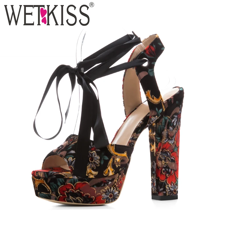 

WETKISS Super High Heels Women Sandals Peep Toe Printing Cross Tied Back Strap Footwear New Summer Fashion Platform Ladies Shoes