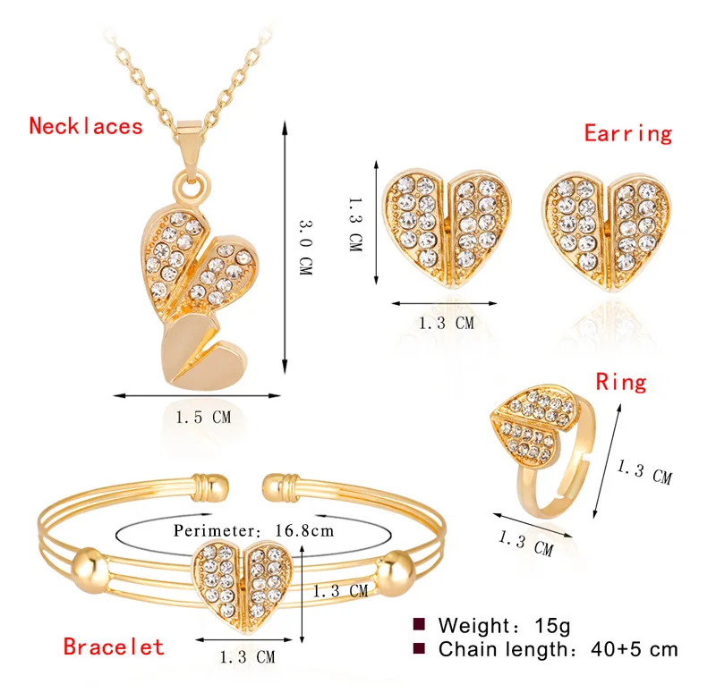 Милая любовь сердце полые ожерелье со стразами серьги кольцо браслет свадебные для женщин девочек детские модные ювелирные наборы - Окраска металла: 14A Size as Picture