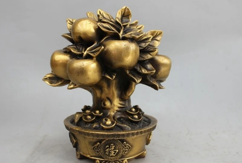 

China Feng Shui Copper Yuan Bao Coin blessing apple Tree Attract Wealth Statue a 0518