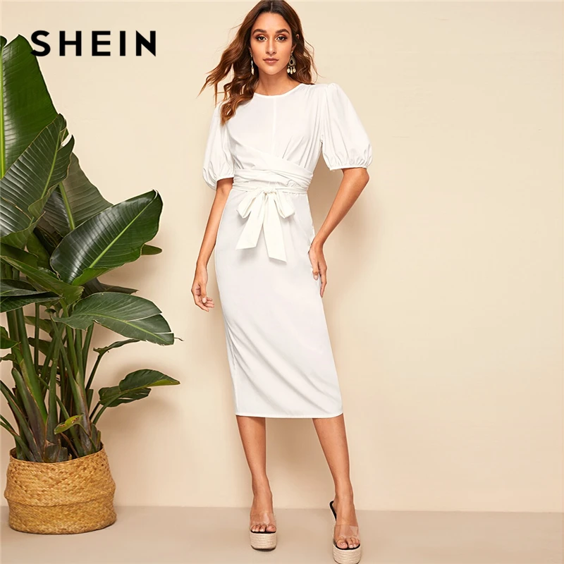 

SHEIN Elegant White Solid Lantern Sleeve Wrap Belted Pencil Long Dress Women Summer Zip Back Slit Hem Dress Office Lady Dresses