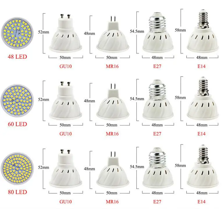 GU10 LED E27 Лампа E14 48 60 80 светодиодов lampara 220V GU 10 bombillas led MR16 gu5.3 лампада точечная лампа