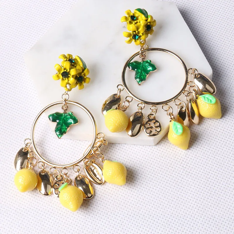 

2017 Brand Vintage Baroque Fruit Earrings Crystal Yellow Flower Green Leaf Circle Earing Gold Shell Shape Lemon Pendant Gifts