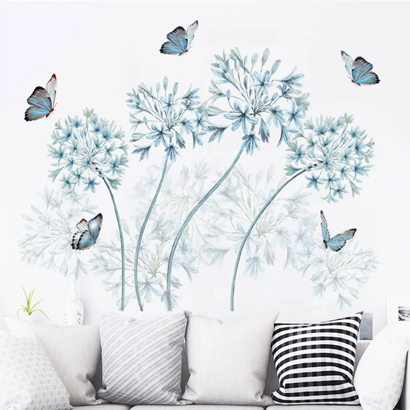Синие цветы бабочки наклейки на стену домашний декор изголовье стеновой доски Фреска плакат фон обои декоративные художественные наклейки