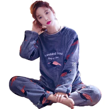 

Korean Fashion Womens Pajama Sets Sleeping Suit Round Neck Long Sleeve Women Sleepwear Ladies Winter Pyjama Femme Home Clothes