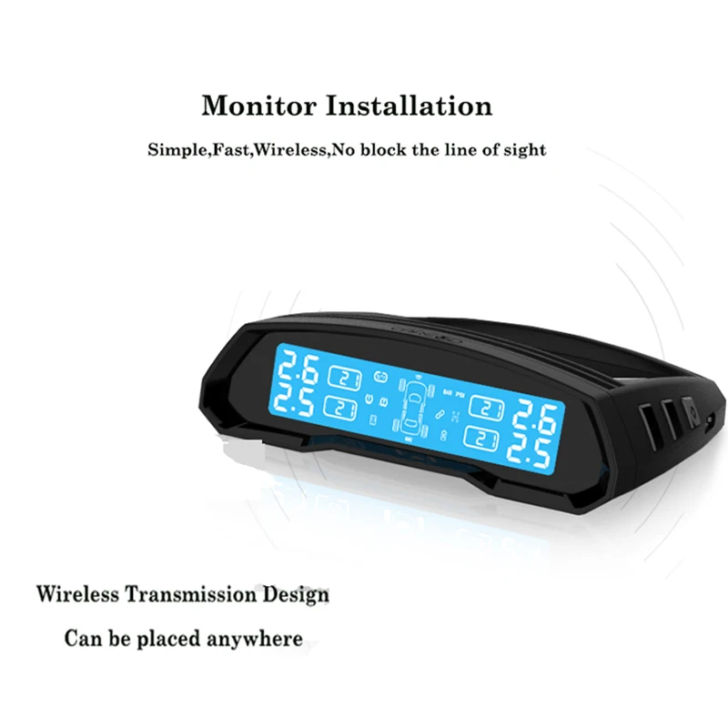 Система контроля давления в шинах на солнечной батарее TPMS, беспроводной ЖК-дисплей, 4 внутренних датчика, охранная сигнализация в режиме реального времени