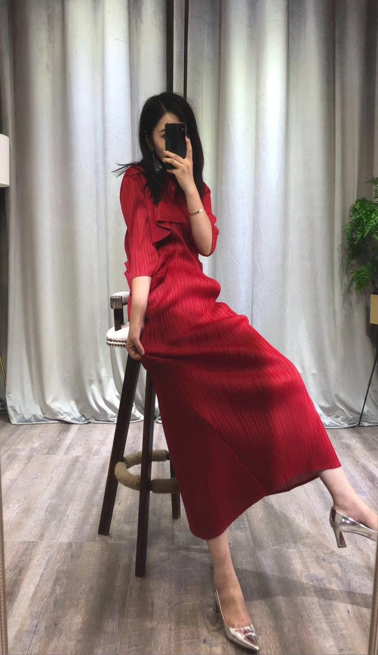 Changpleat Весна Лето Новое Женское платье Miyak Плиссированное модное тонкое эластичное приталенное с карманами одноцветное женское Макси-платье - Цвет: Red