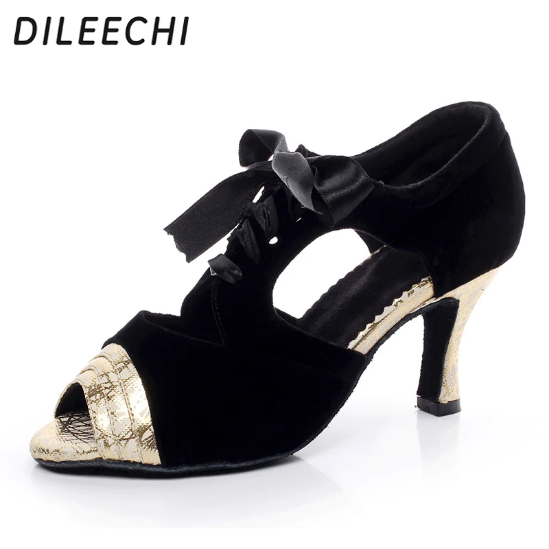 

DILEECHI Velvet Latin dance shoes female adult summer soft outsole square dance sandals