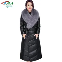 Новинка зимы, женский кожаный пуховик, пальто средней длины, модная кожаная куртка, женская теплая верхняя одежда с хлопковой подкладкой as370