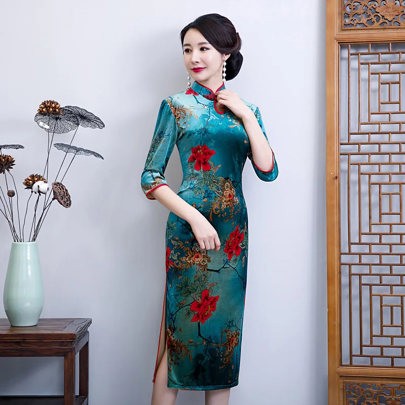 Китайский национальный Мандарин Воротник Cheongsam винтаж бархат дамы вечернее платье Элегантная одежда для сцены Qipao 3XL 4XL