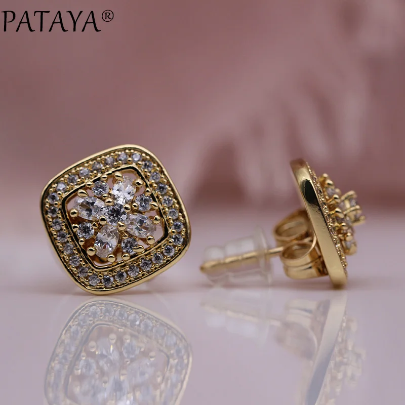 

PATAYA New Square Stud Earrings Women Luxury Fine Fashion Jewelry 585 Rose Gold Oval Round White Natural Zircon Hollow Earrings