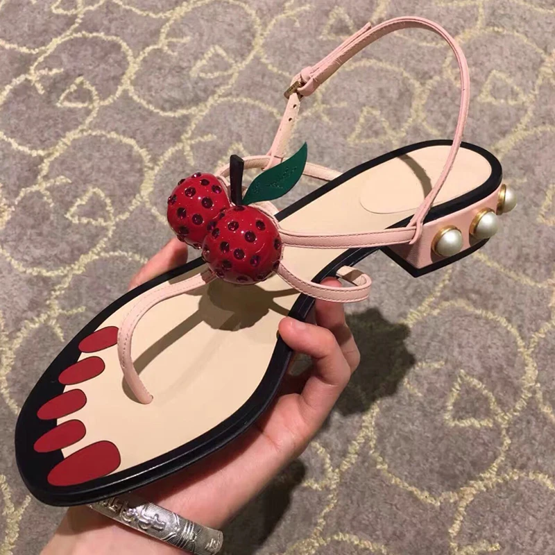 

2018 Cherry Pearl Decor Fashion Women Sandals Cute Sweet Ladies Summer Shoes Woman Thong Flip Flops Chunky Heel Sandalias Mujer