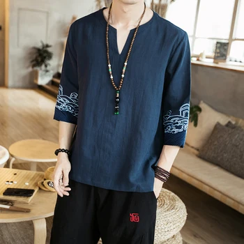 

Men Casual Cotton Shirt 2019 Mens Print Chinese Style Streetwear Fashions White Male Shirts Summer Clothes