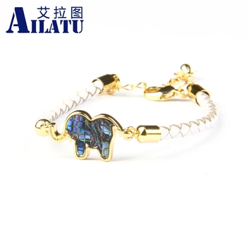 

Ailatu Brand Natural Abalone Shell Cz Elephant Animal Bracelet with Genuine Leather Chain Adjustable Jewelry