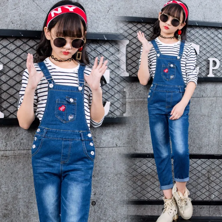 ACE LOVE Children Clothing Jeans Overalls For Girl Autumn Denim Pocket