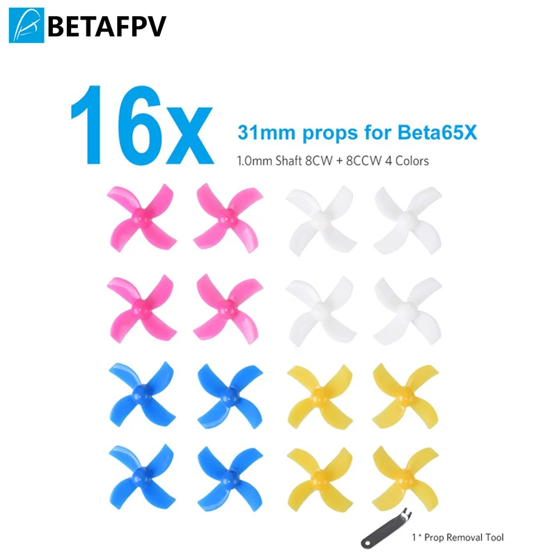 

BETAFPV 16pcs 31mm 4-Blade Props Tiny Whoop Propellers with 1.0mm Shaft Removal Tool for Beta65X etc