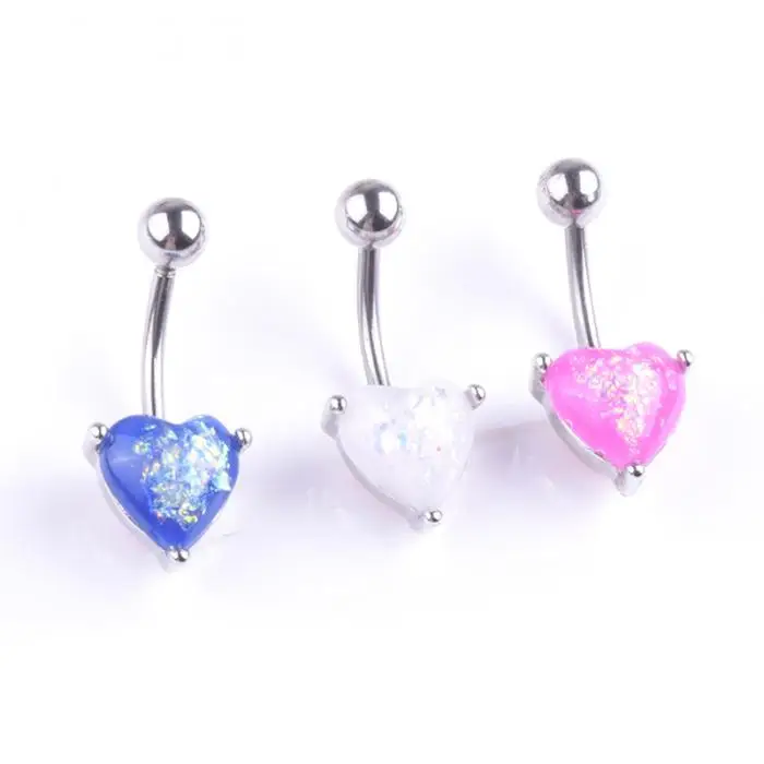 Surgical Steel Navel Belly Button Ring Opal Glitter Heart Piercing Navel Nail TT@88