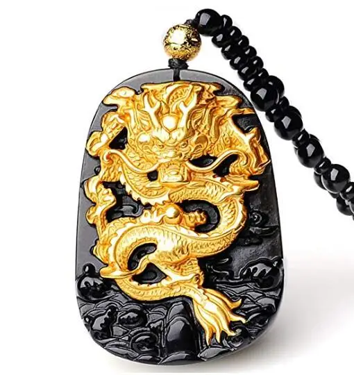 

EASTCODE charming 999 pure gold inlaid natural Obsidian Black Jades Dragon Pendant Necklace
