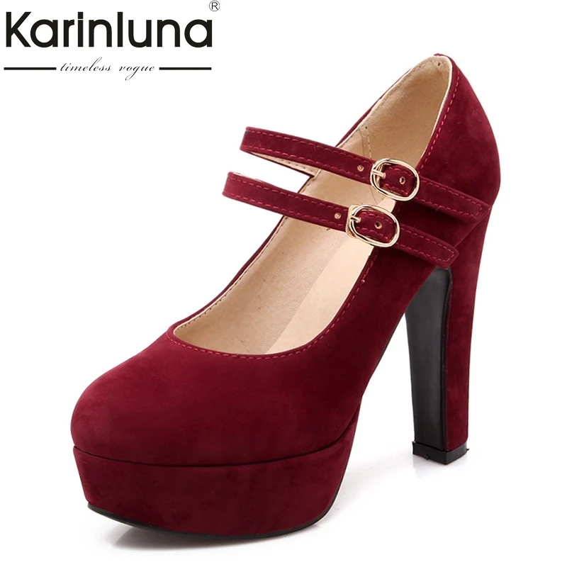 

Karinluna Women's Buckle Strap Party Wedding Shoes Woman 2018 New Square High Heels Round Toe Platform Pumps Big Size 33-44
