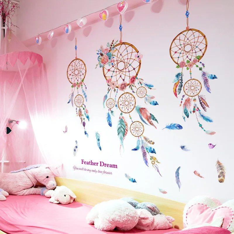

[SHIJUEHEZI] Dreamcatcher Feathers Wall Sticker PVC Material DIY Cartoon Mural Decals for Kids Room Baby BedroomDecoration