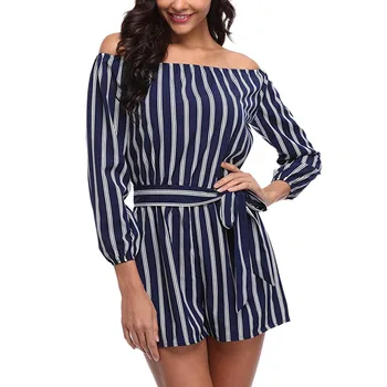 

2019 Spring Modern Lady Striped Way From Shoulder Three Quarters Hull Overall Causal With Belt Overall Party Overall