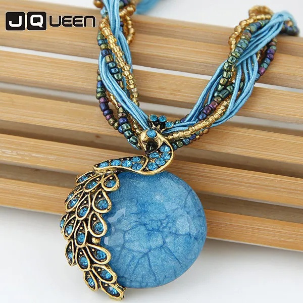 

2018 New Chain Ethnic Exaggeration Crystal Necklace Bohemia Peacock Woman Retro Folk Style Sweater Chain Woamn Necklace
